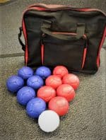 Boccia drawstring bag with full set of red, blue and white boccia balls