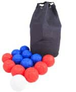Black boccia drawstring bag with red, blue and white boccia balls